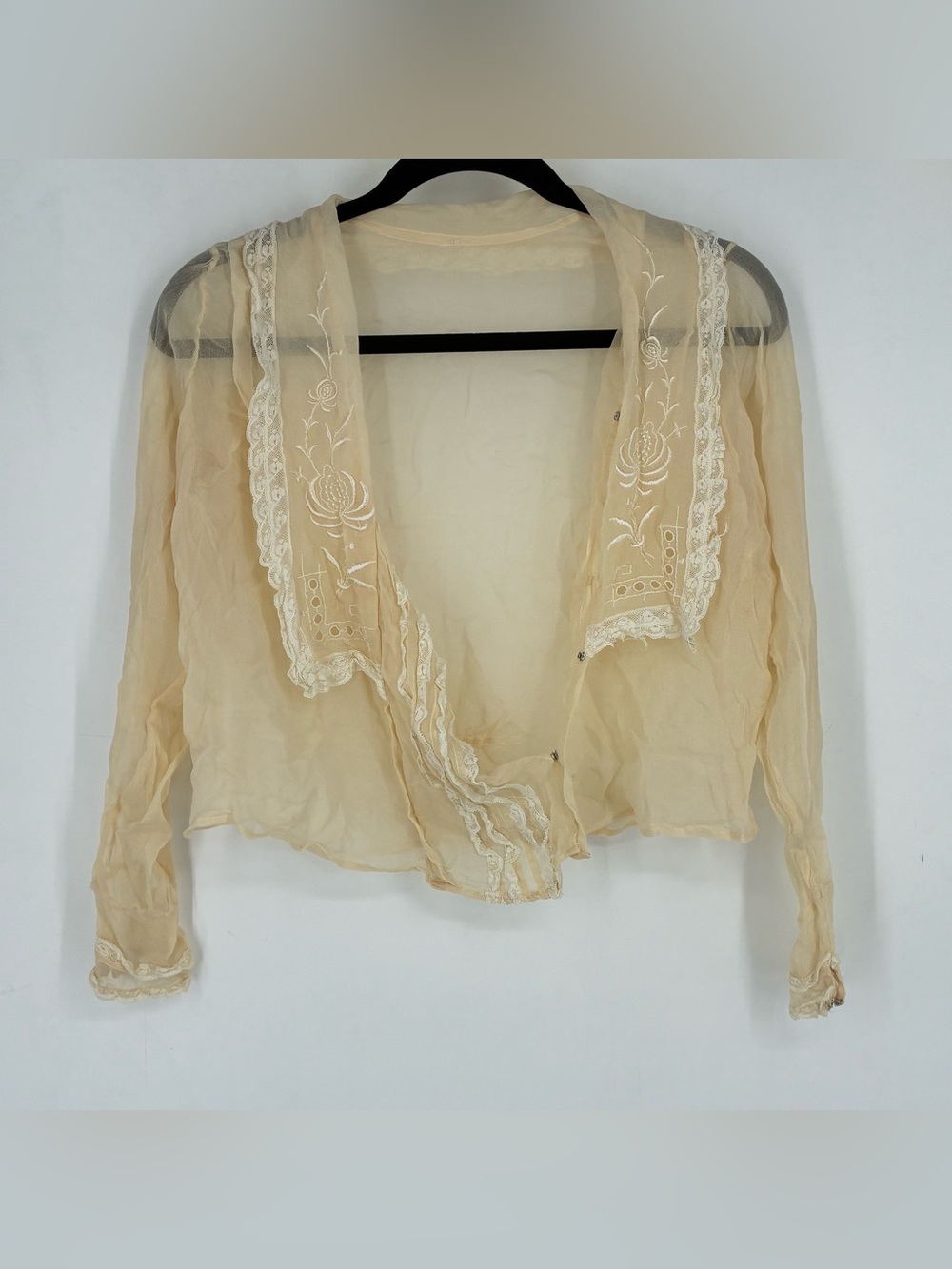 Antique Edwardian Sheer Silk Lace Trim Blouse Long Sleeve Button Shirt 1910s Tea